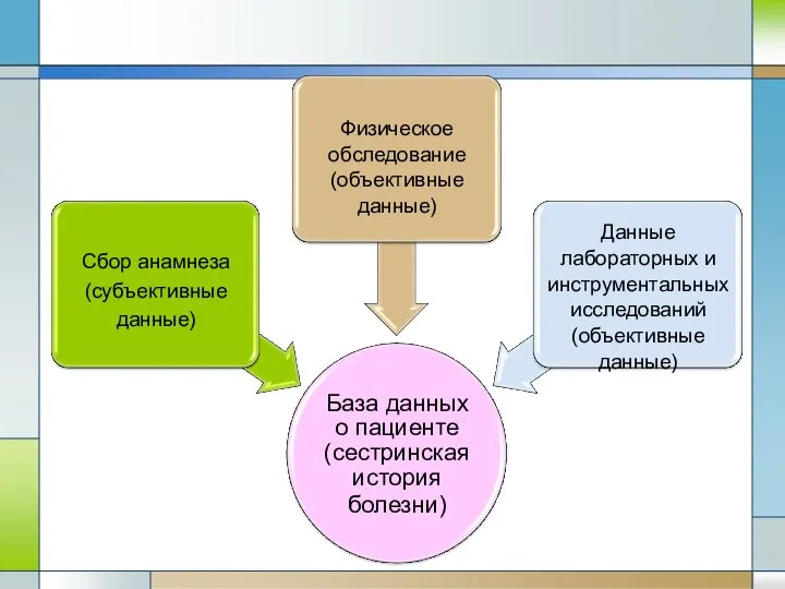 База данных о пациенте (сестринская история болезни) Сбор анамнеза (субъективные данные)