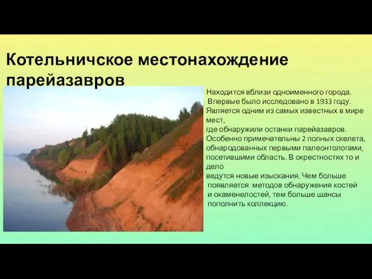 Котельничское местонахождение парейазавров Находится вблизи одноименного города. Впервые было исследовано в