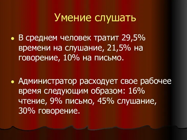 Умение слушать В среднем человек тратит 29,5% времени на слушание, 21,5%