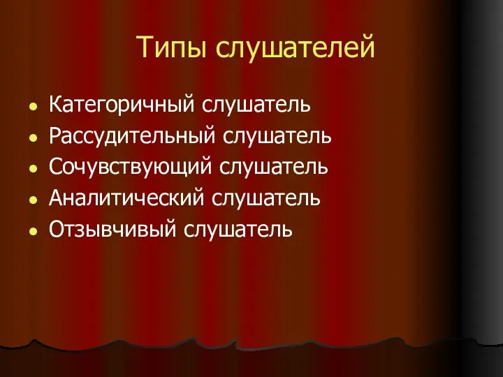 Типы слушателей Категоричный слушатель Рассудительный слушатель Сочувствующий слушатель Аналитический слушатель Отзывчивый слушатель