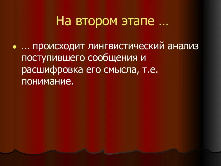 На втором этапе … … происходит лингвистический анализ поступившего сообщения и расшифровка его смысла, т.е. понимание.