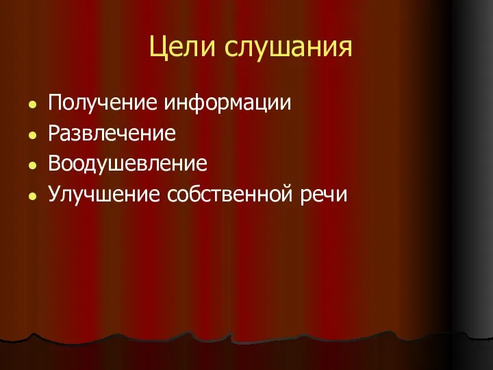 Цели слушания Получение информации Развлечение Воодушевление Улучшение собственной речи