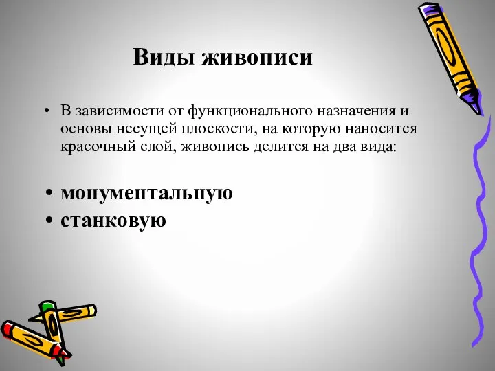 Виды живописи В зависимости от функционального назначения и основы несущей плоскости,