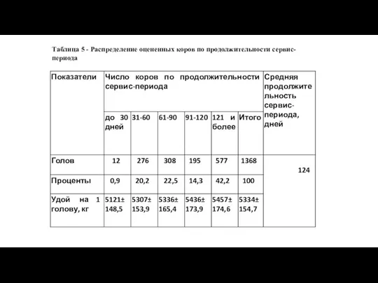 Таблица 5 - Распределение оцененных коров по продолжительности сервис-периода