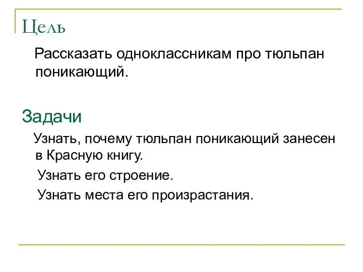 Цель Рассказать одноклассникам про тюльпан поникающий. Задачи Узнать, почему тюльпан поникающий