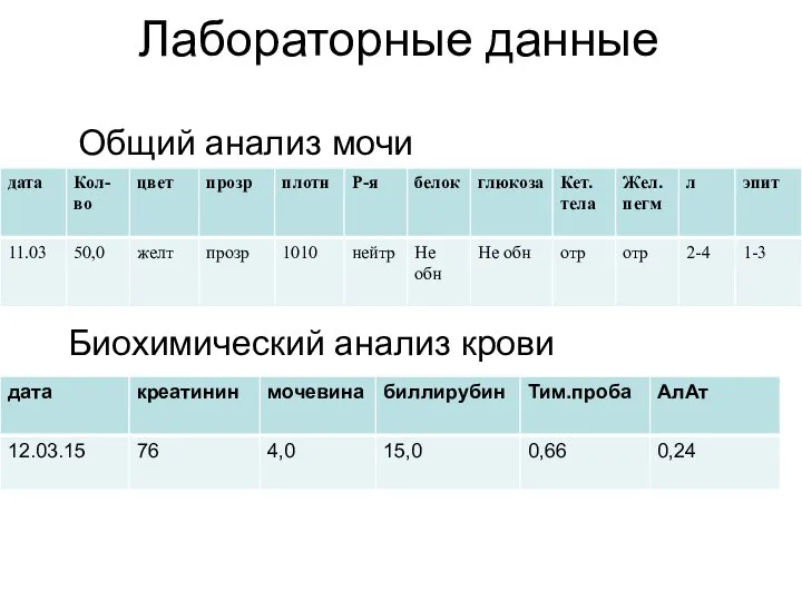 Лабораторные данные Общий анализ мочи Биохимический анализ крови