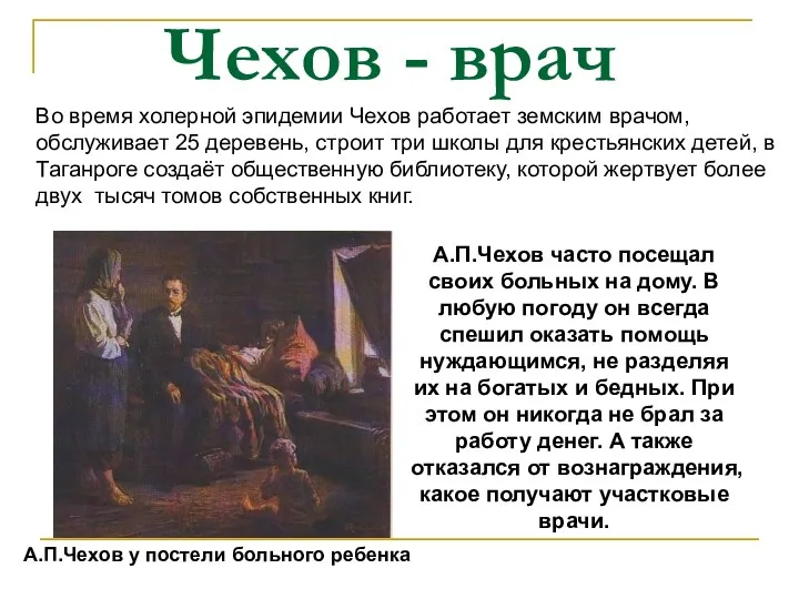 Чехов - врач А.П.Чехов у постели больного ребенка А.П.Чехов часто посещал