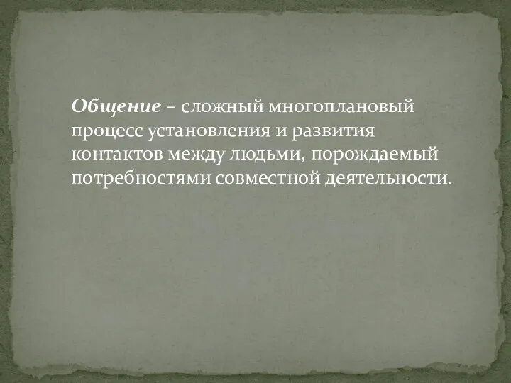 Общение – сложный многоплановый процесс установления и развития контактов между людьми, порождаемый потребностями совместной деятельности.