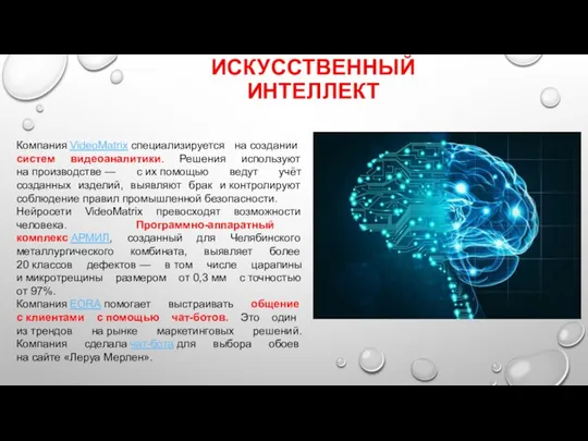 ИСКУССТВЕННЫЙ ИНТЕЛЛЕКТ Компания VideoMatrix специализируется на создании систем видеоаналитики. Решения используют