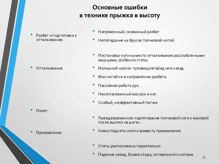 Основные ошибки в технике прыжка в высоту Разбег и подготовка к