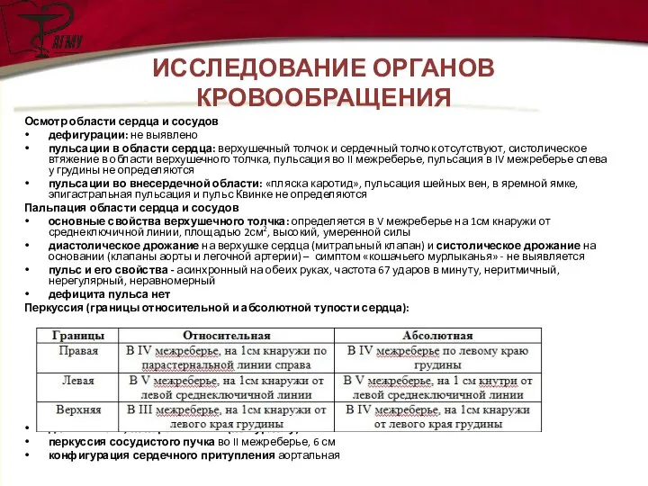 ИССЛЕДОВАНИЕ ОРГАНОВ КРОВООБРАЩЕНИЯ Осмотр области сердца и сосудов дефигурации: не выявлено