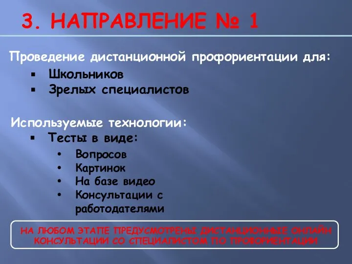 3. НАПРАВЛЕНИЕ № 1 Проведение дистанционной профориентации для: НА ЛЮБОМ ЭТАПЕ