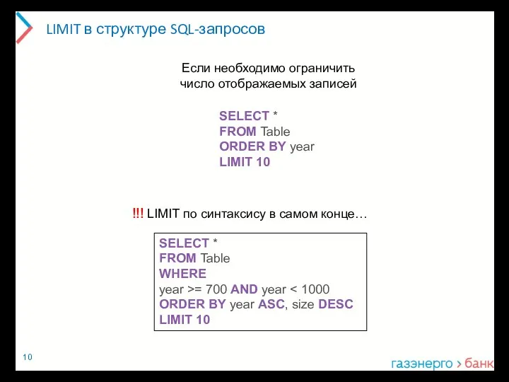 LIMIT в структуре SQL-запросов SELECT * FROM Table ORDER BY year