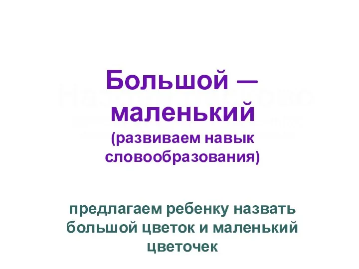 Назови ласково (ОБРАЗОВАНИЕ СУЩЕСТВИТЕЛЬНЫХ С УМЕНЬШИТЕЛЬНО-ЛАСКАТЕЛЬНЫМ СУФФИКСОМ) Большой — маленький (развиваем