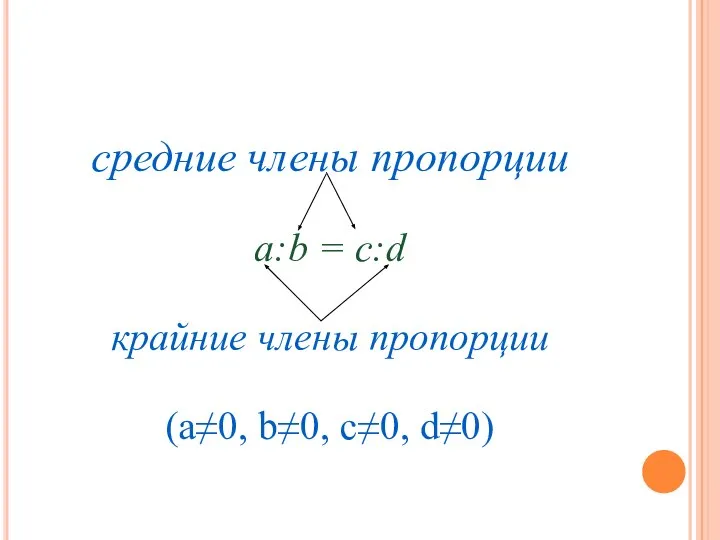 средние члены пропорции a:b = c:d крайние члены пропорции (a≠0, b≠0, c≠0, d≠0)