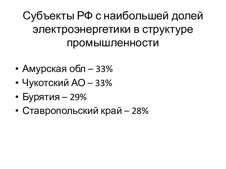 Субъекты РФ с наибольшей долей электроэнергетики в структуре промышленности Амурская обл