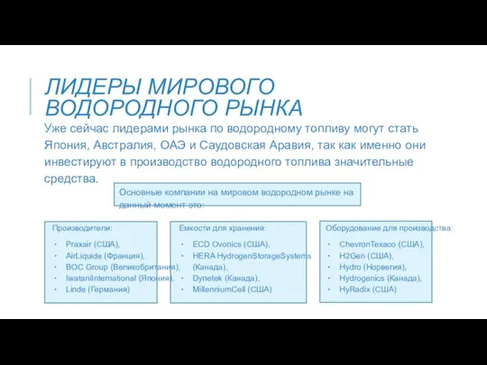 ЛИДЕРЫ МИРОВОГО ВОДОРОДНОГО РЫНКА Уже сейчас лидерами рынка по водородному топливу