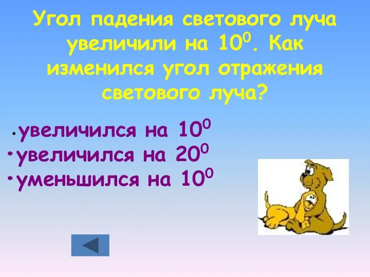 Угол падения светового луча увеличили на 100. Как изменился угол отражения