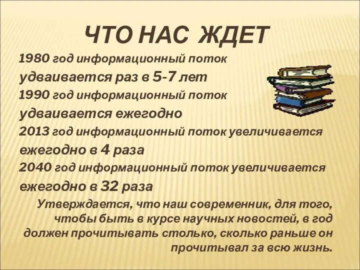 ЧТО НАС ЖДЕТ 1980 год информационный поток удваивается раз в 5-7