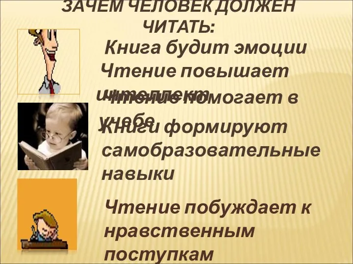 ЗАЧЕМ ЧЕЛОВЕК ДОЛЖЕН ЧИТАТЬ: Книга будит эмоции Чтение повышает интеллект Чтение