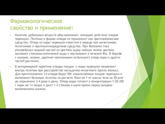 Фармакологическое свойство и применение: Наличие дубильных веществ обуславливает вяжущее действие плодов