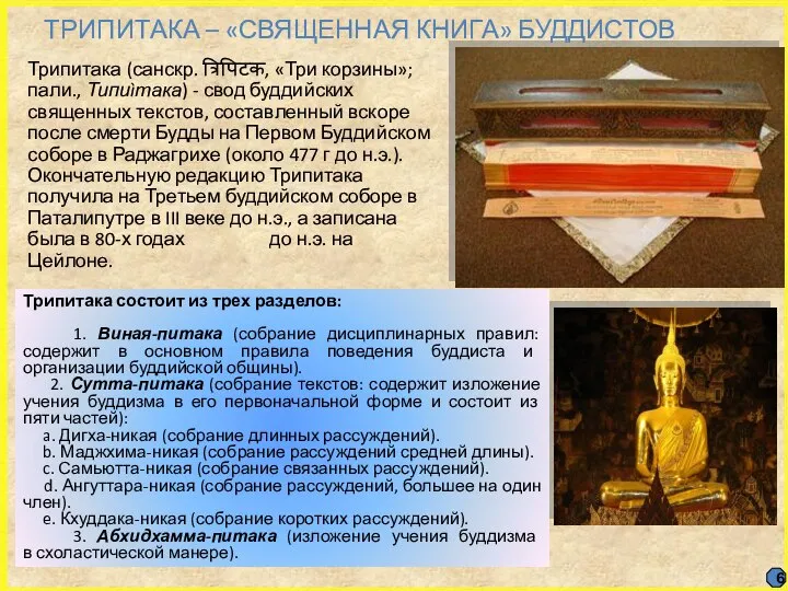 ТРИПИТАКА – «СВЯЩЕННАЯ КНИГА» БУДДИСТОВ Трипитака (санскр. त्रिपिटक, «Три корзины»; пали.,