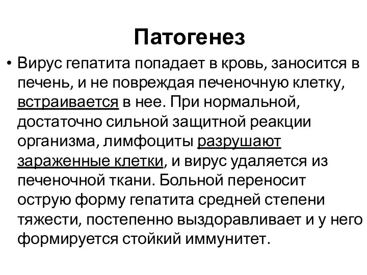 Патогенез Вирус гепатита попадает в кровь, заносится в печень, и не