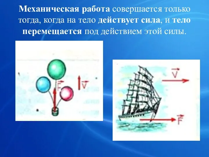 Механическая работа совершается только тогда, когда на тело действует сила, и