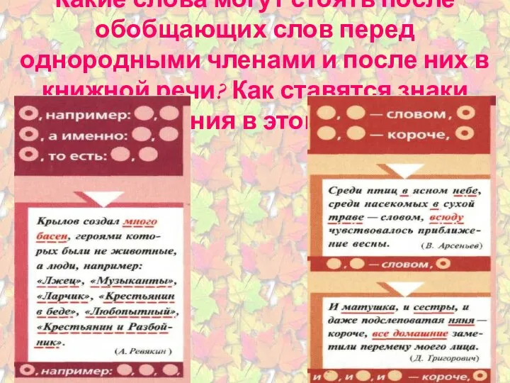 Какие слова могут стоять после обобщающих слов перед однородными членами и