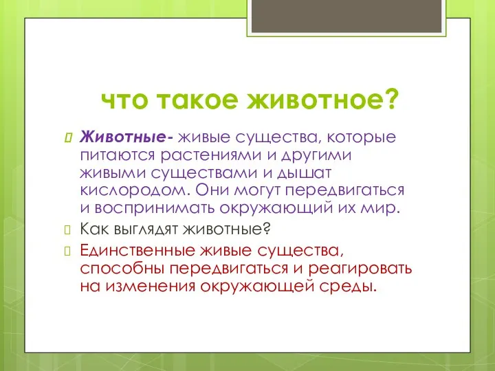 что такое животное? Животные- живые существа, которые питаются растениями и другими