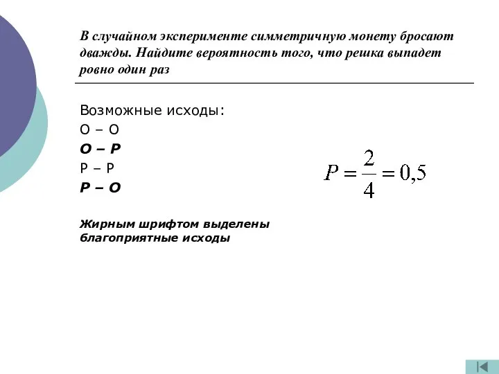 В случайном эксперименте симметричную монету бросают дважды. Найдите вероятность того, что