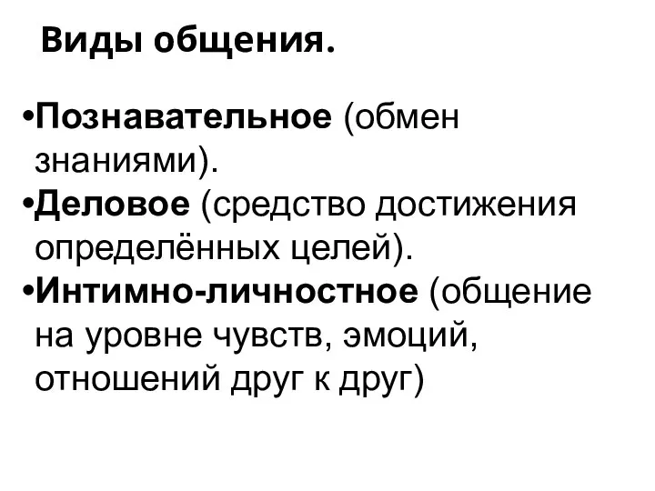 Виды общения. Познавательное (обмен знаниями). Деловое (средство достижения определённых целей). Интимно-личностное