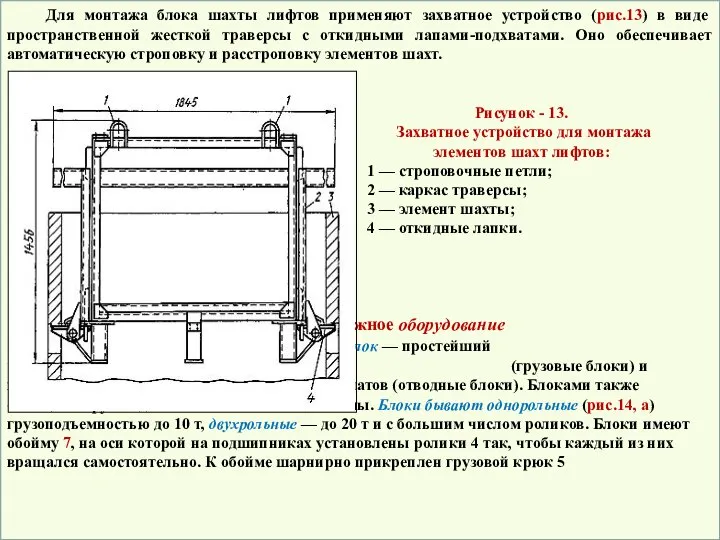 Для монтажа блока шахты лифтов применяют захватное устройство (рис.13) в виде