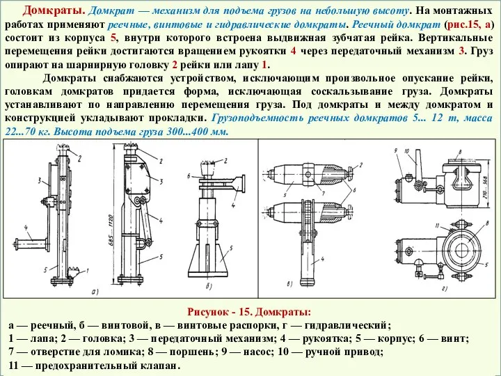 Домкраты. Домкрат — механизм для подъема грузов на небольшую высоту. На