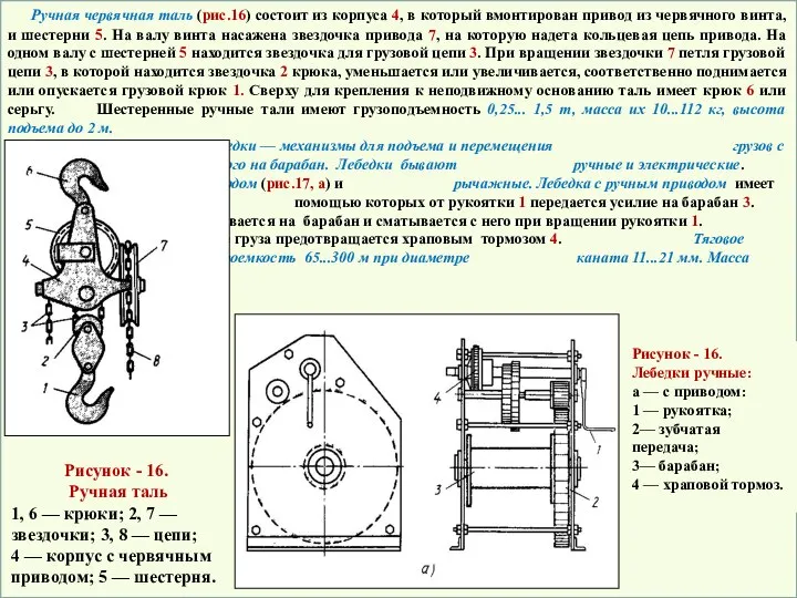 Ручная червячная таль (рис.16) состоит из корпуса 4, в который вмонтирован