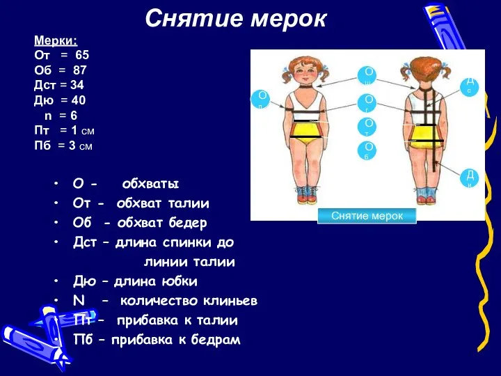 О - обхваты От - обхват талии Об - обхват бедер