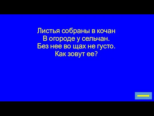 Листья собраны в кочан В огороде у сельчан. Без нее во