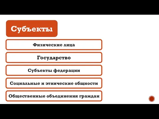 Субъекты Физические лица Государство Субъекты федерации Социальные и этнические общности Общественные объединения граждан