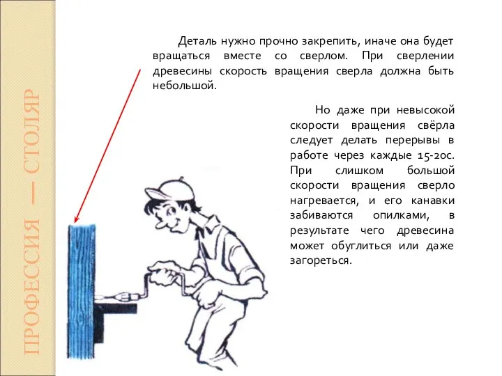 ПРОФЕССИЯ — СТОЛЯР Но даже при невысокой скорости вращения свёрла следует