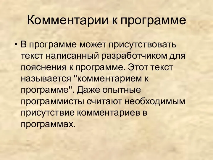 Комментарии к программе В программе может присутствовать текст написанный разработчиком для