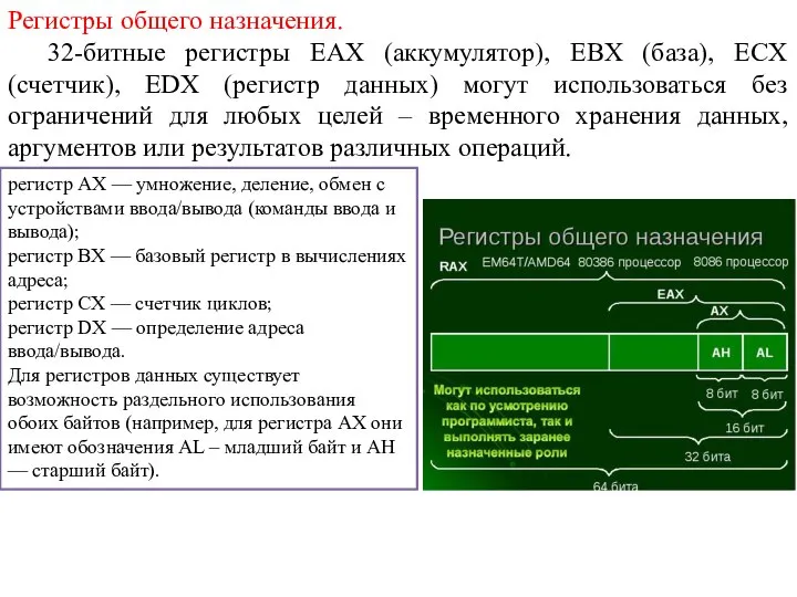 Регистры общего назначения. 32-битные регистры EAX (аккумулятор), EBX (база), ECX (счетчик),