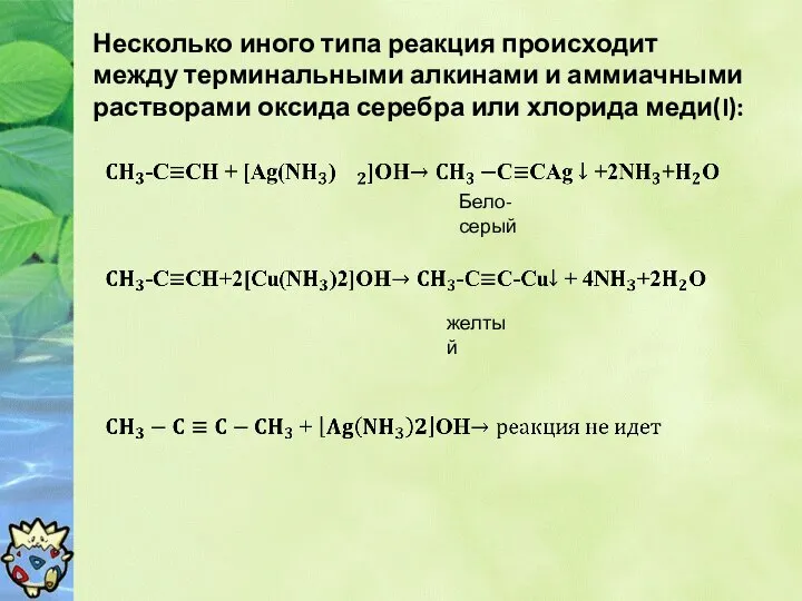 Несколько иного типа реакция происходит между терминальными алкинами и аммиачными растворами