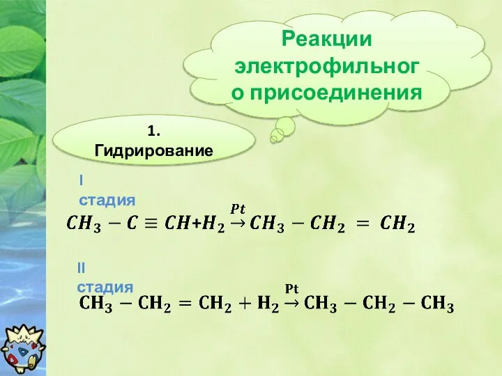 Реакции электрофильного присоединения 1. Гидрирование I стадия II стадия