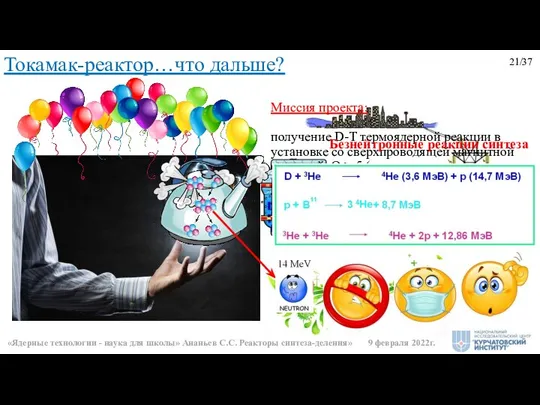 Токамак-реактор…что дальше? 21/37 Миссия проекта: получение D-T термоядерной реакции в установке
