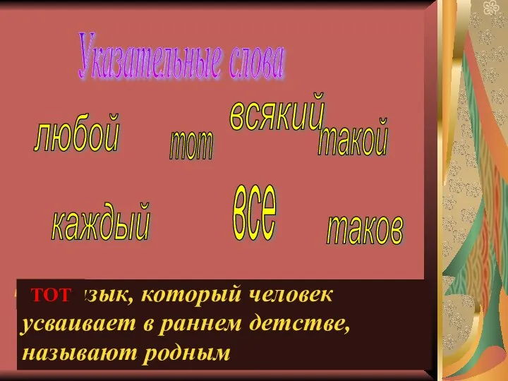 Тот язык, который человек усваивает в раннем детстве, называют родным ТОТ