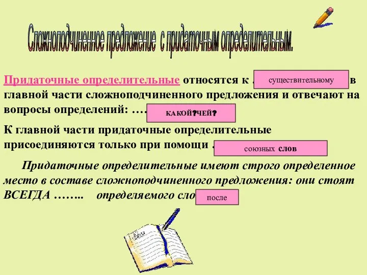 Придаточные определительные относятся к ……………………в главной части сложноподчиненного предложения и отвечают