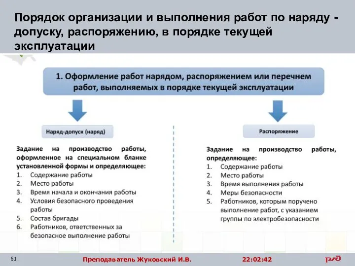 Порядок организации и выполнения работ по наряду - допуску, распоряжению, в порядке текущей эксплуатации