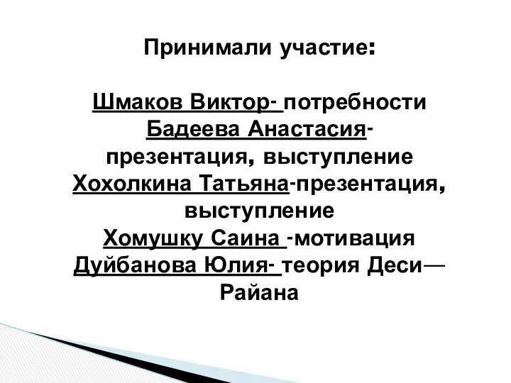 Принимали участие: Шмаков Виктор- потребности Бадеева Анастасия-презентация, выступление Хохолкина Татьяна-презентация, выступление