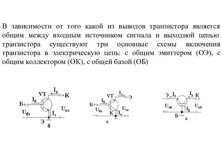 В зависимости от того какой из выводов транзистора является общим между