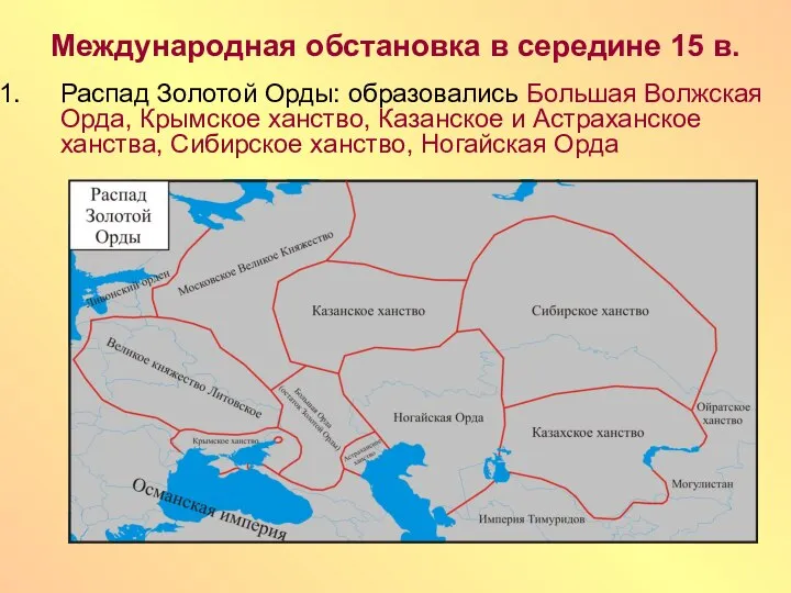 Международная обстановка в середине 15 в. Распад Золотой Орды: образовались Большая